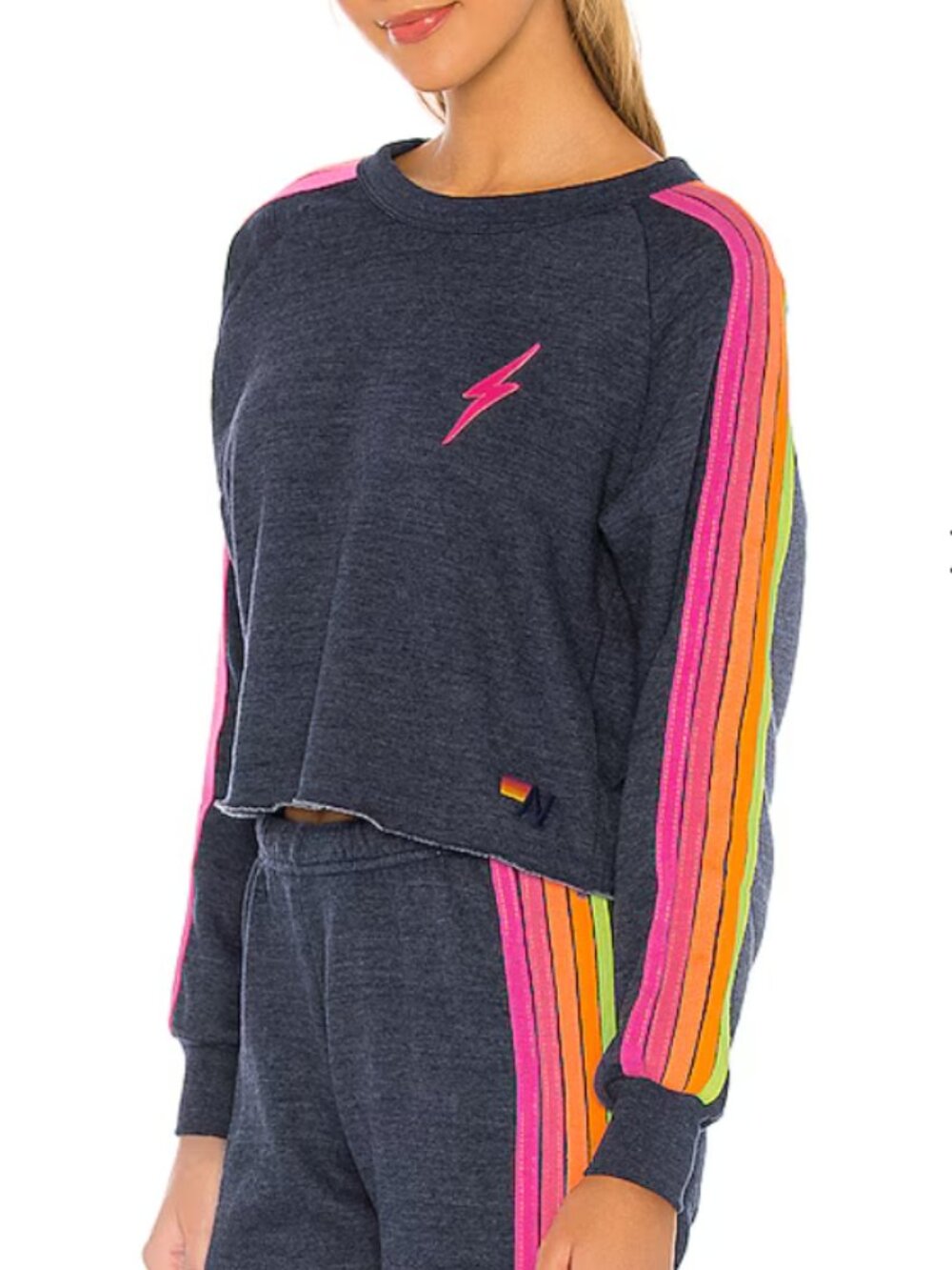 Aviator Nation Bolt Cropped Classic Crewneck Sweatshirt Heather Navy Neon Small